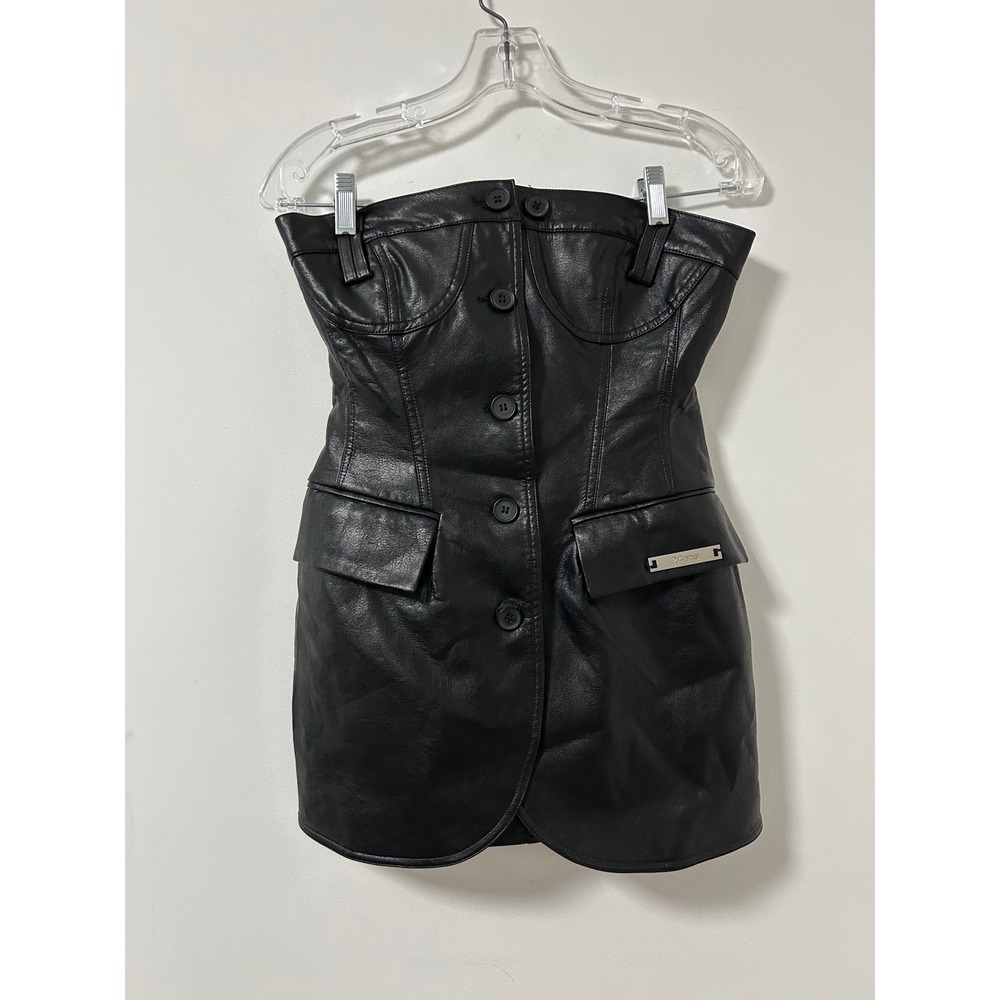 24ans‎ Black Faux Leather Corset Bustier Mini Dress Button Front Pockets Size S